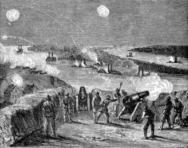 Gunboats from the Mississippi Fleet bombarding Vicksburg at night