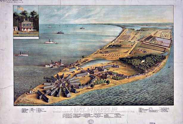 Point Lookout Prison, Maryland, 1864. The Potomac River is to the west, Chesapeake Bay is to the east. Hammond Hospital is located at the southern tip of the peninsula; the prison-pen is at the top right.