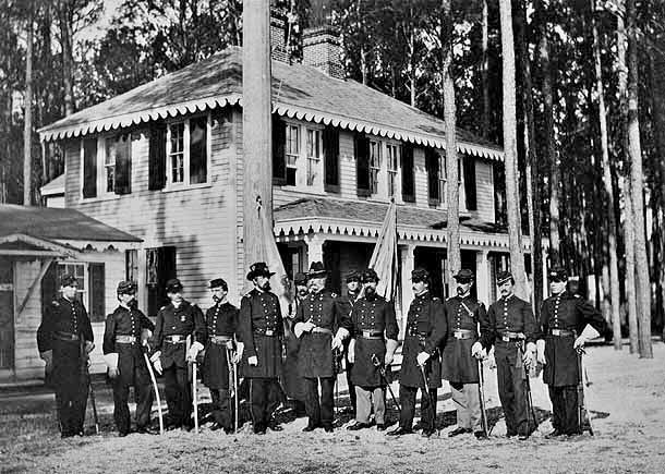 Headquarters and Command Staff at Point Lookout Prison. Brigadier General James Barnes, center.
