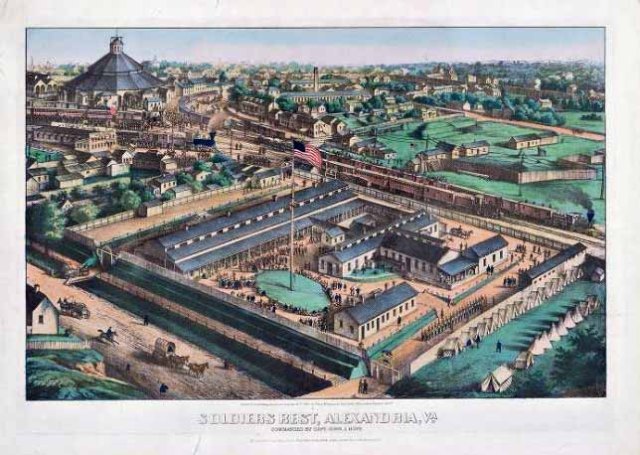 Soldier's Rest, Alexandria, Virginia. U.S. Military RR Roundhouse upper left; Union Barracks in foreground