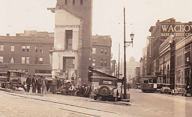 “The last of the old post office, Asheville, N.C. Spring 1932” The trolley is heading up Patton Avenue towards Vance Monument and City Hall.