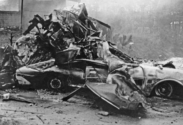 The remains of a Dodge Dart and Toyota in front of Newman’s Store. There were seven people from one family that were killed as they sat in the Toyota: Edna Gamel, 23, her 5-year-old son John and 11-month-old daughter Courtney; Kathy Carter, 18, and her 5-month-old son Jeffrey; and Faye Griffin, 22, and her 6-month-old son Larry Jr.