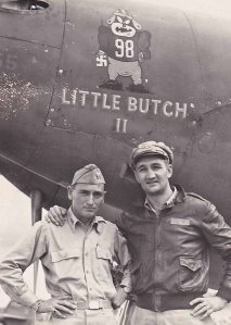 Lt. Tom Harmon (on right) posing in front of his B-25 “Little Butch II”