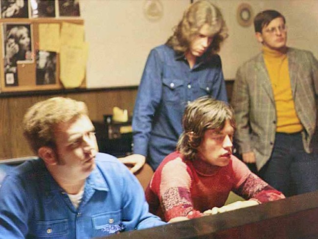 (L-R) Jimmy Johnson, Mick Jagger, Mick Taylor, and Terry Woodford at the Muscle Shoals Sound Studio in Sheffield, Alabama. The Rolling Stones recorded Brown Sugar, Wild Horses, and You Gotta Move at MSSS from December 2-4, 1969.